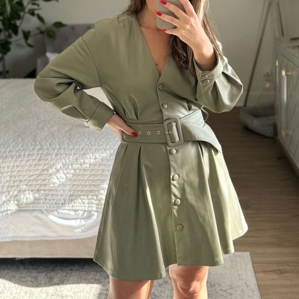 Olive eco leather belted dress ZARA XS/S